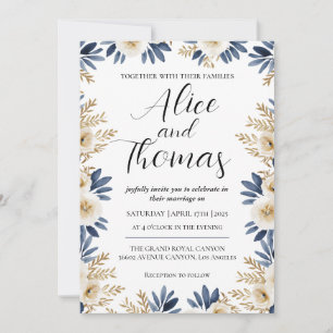 Invitación Boda Primavera Elegante Floral BlueGold Invitation