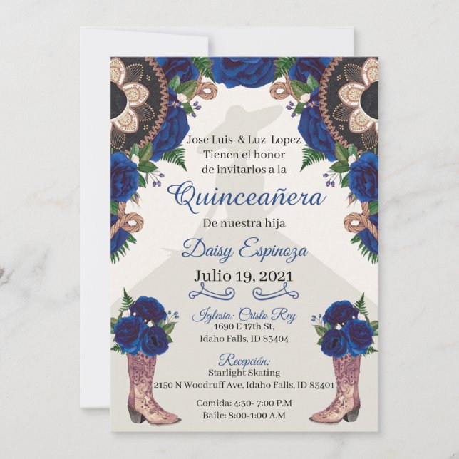 Invitación Charra Quinceanera Invitation, Royal bl Invitation (Front)