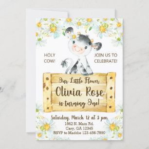Invitación Cow and daisies girl 1st first birthda Invitation