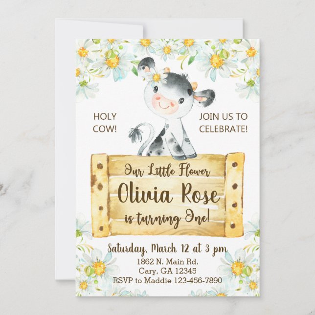 Invitación Cow and daisies girl 1st first birthday Invitation (Front)