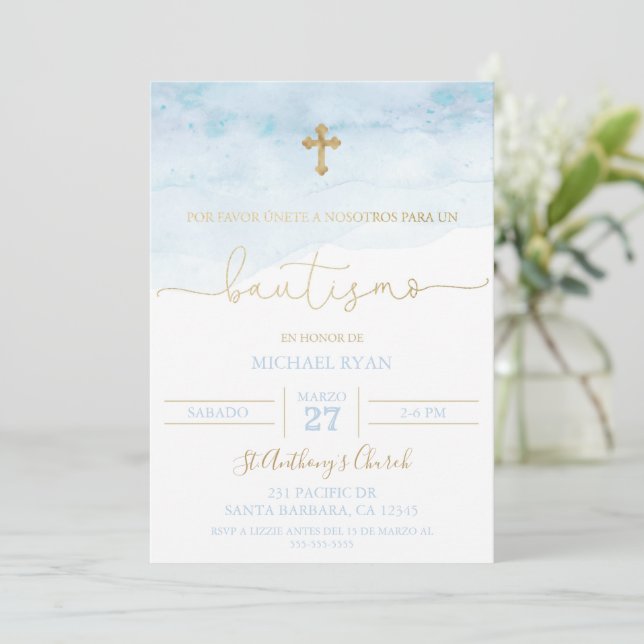 Invitación de bautismo azul y dorada para bebé invitation (Standing Front)