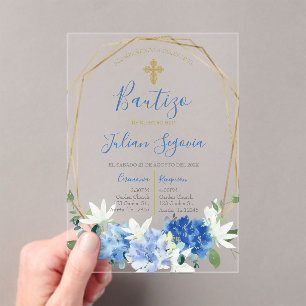 Invitación de bautismo floral azul en español acrylic invitations
