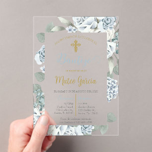 Invitación de bautismo floral azul en español acrylic invitations