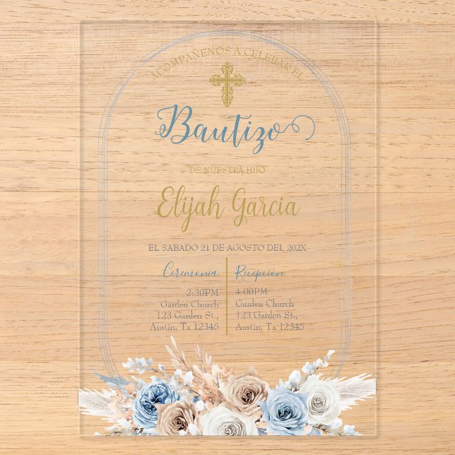 Invitación de bautismo floral azul en español invi acrylic invitations (Front)