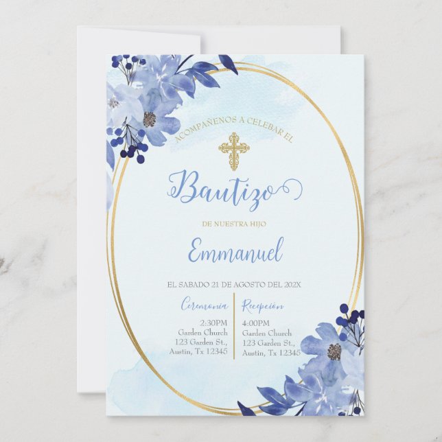 Invitación de bautismo floral azul en español invitation (Front)