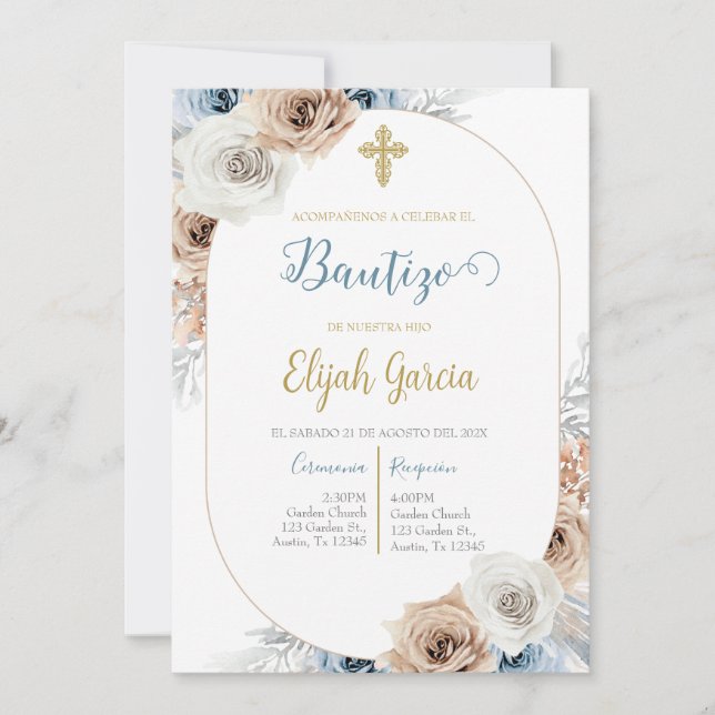 Invitación de bautismo floral azul  invitation (Front)