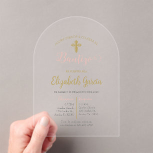 Invitación de bautismo floral rosa en español acrylic invitations
