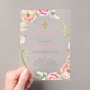 Invitación de bautismo floral rosa en español acrylic invitations