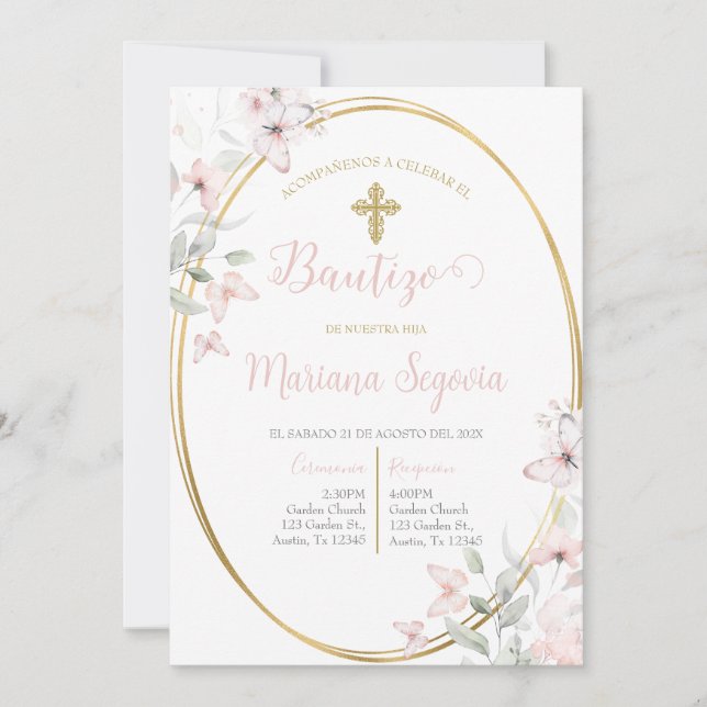 Invitación de bautismo floral rosa en español invitation (Front)