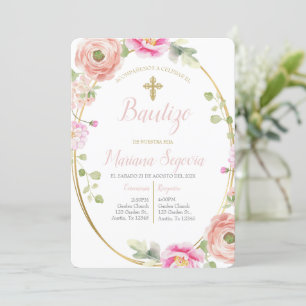 Invitación de bautismo floral rosa en español invitation