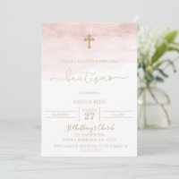 Invitación de bautismo rosa y dorada para niña