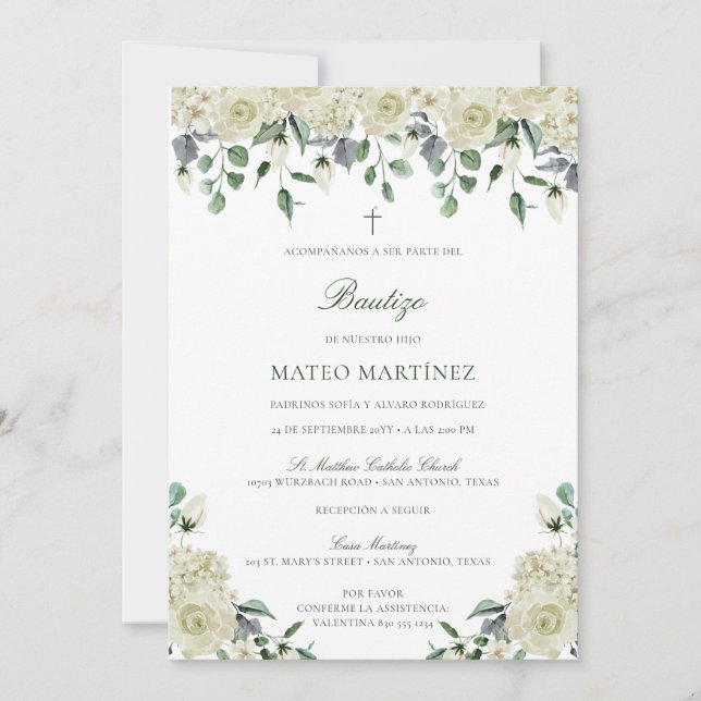 Invitación de Bautizo con Flores Baptism Invitation (Front)
