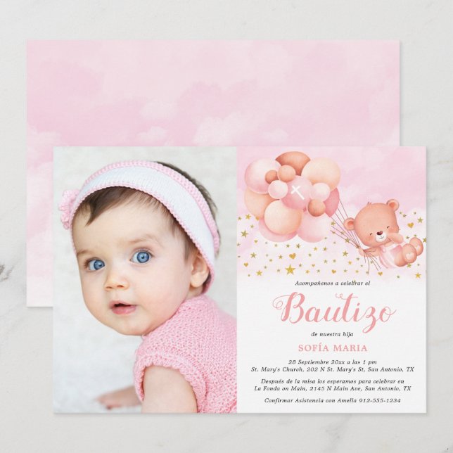 Invitación de Bautizo para Niña con Foto Baptism Invitation (Front/Back)