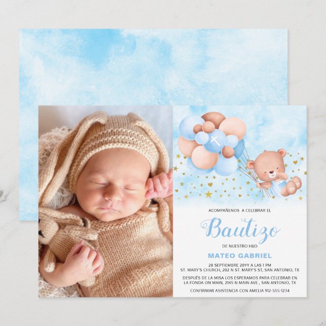 Invitación de Bautizo para Niño con Foto Baptism Invitation (Front/Back)