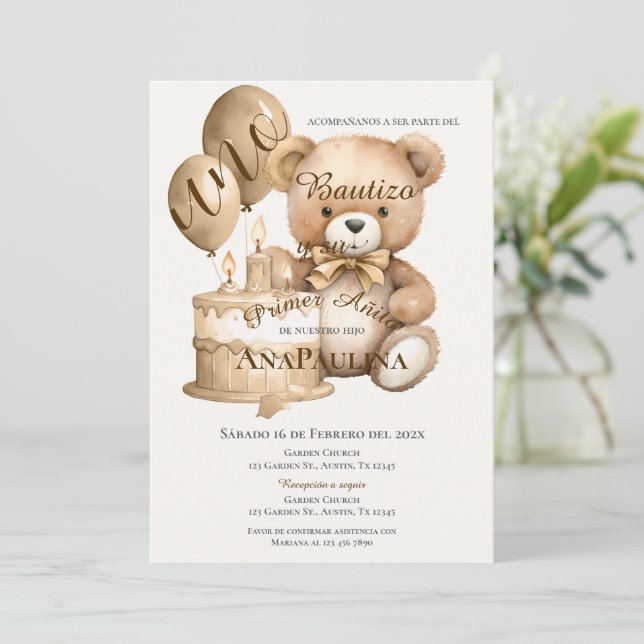 Invitación de Bautizo y primer año en español Invitation (Standing Front)