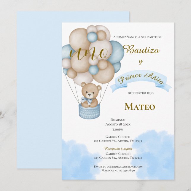Invitación de Bautizo y primer año en español Invitation (Front/Back)