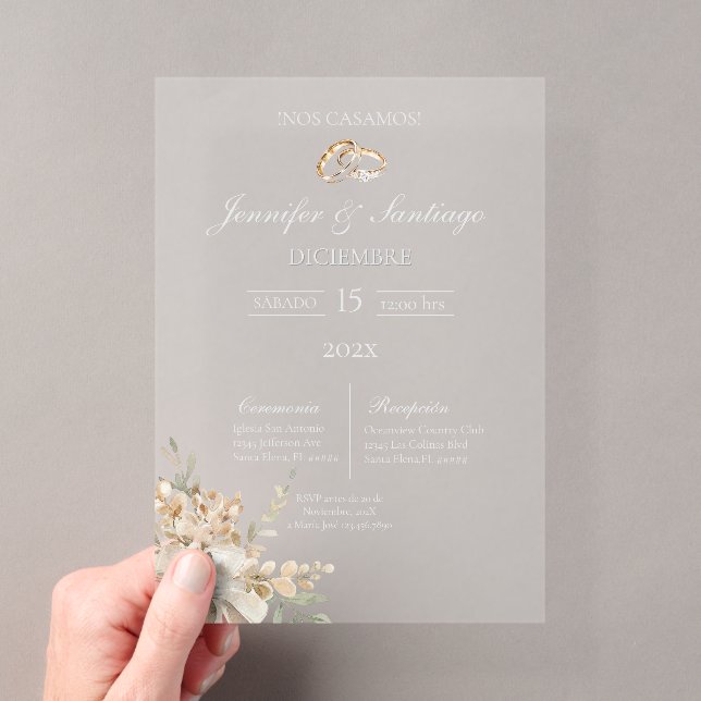 Invitación de boda con ramo y anillo acrylic invitations (Insitu (Handheld))