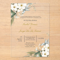 Invitacion de boda en espanol con flor blanca