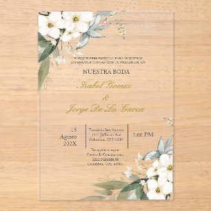 Invitacion de boda en espanol con flor blanca acrylic invitations