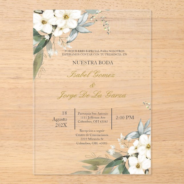Invitacion de boda en espanol con flor blanca acrylic invitations (Front)