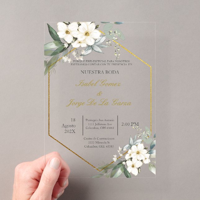 Invitacion de boda en espanol con flor blanca acrylic invitations (Insitu (Handheld))