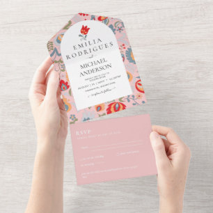 Invitación de Boda Español Inglés Rsvp FOLKART  All In One Invitation
