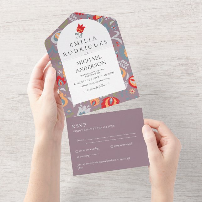 Invitación de Boda Español Inglés Rsvp FOLKART  All In One Invitation (Tearaway)