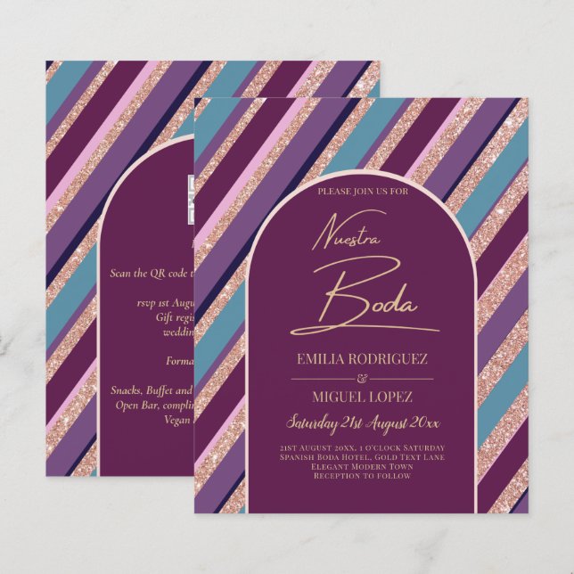 Invitación de boda púrpura turquesa oro Spanish  (Front/Back)