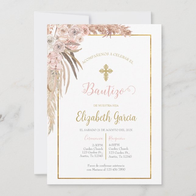 Invitación de boho para bautismo invitation (Front)