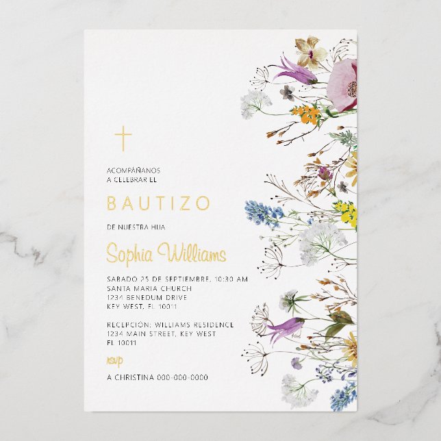 Invitación de Flores Silvestres para Bautizo (Front)