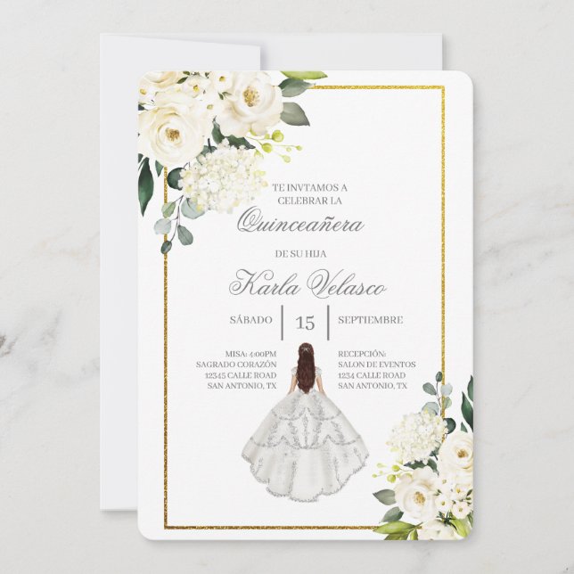 Invitación de quinceañera con vestido blanco invitation (Front)
