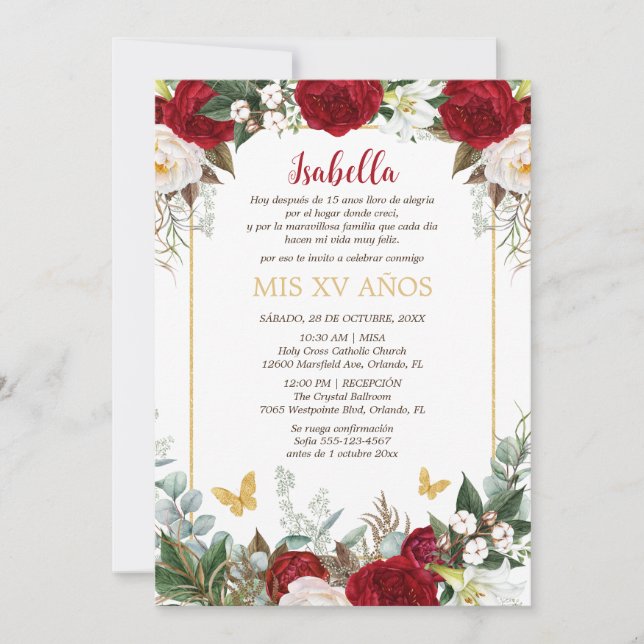 Invitación de Quinceañera en Español Flores Rojas Invitation (Front)