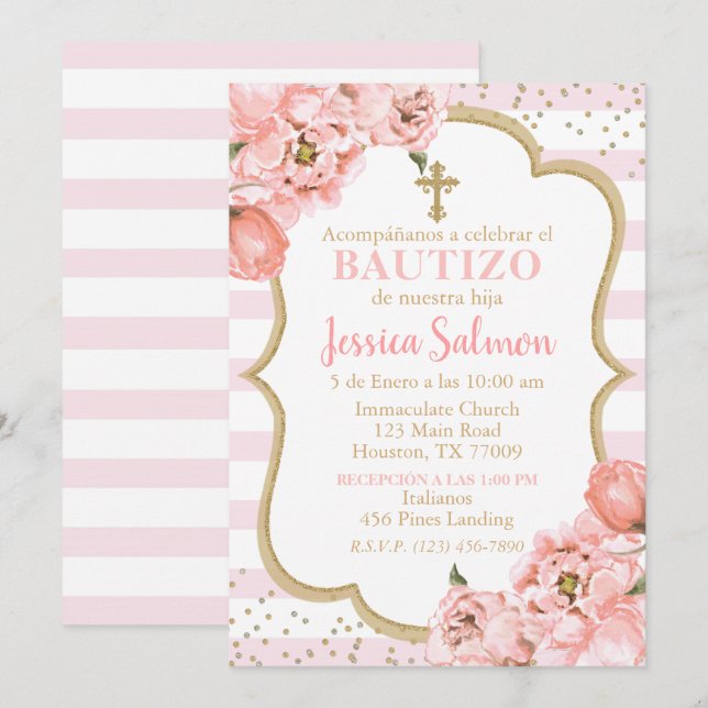 Invitación de Rosas para Bautizo de niña Invitation (Front/Back)