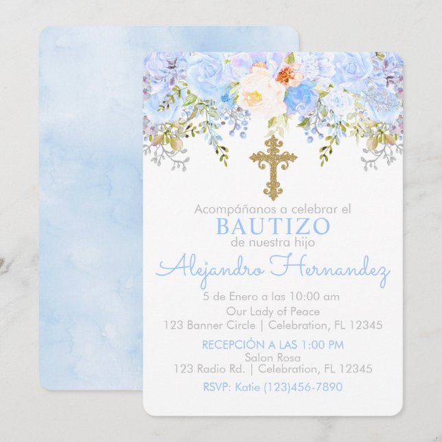 Invitación de Rosas para Bautizo de niño Invitation (Front/Back)