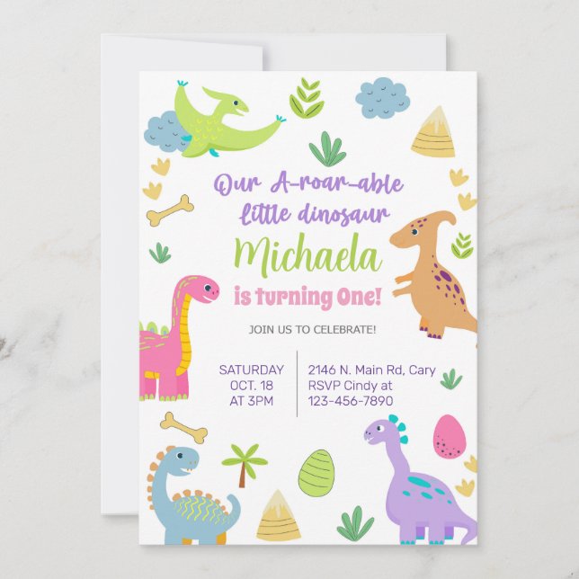 Invitación Dinosaurs girl birthday invitation dino (Front)