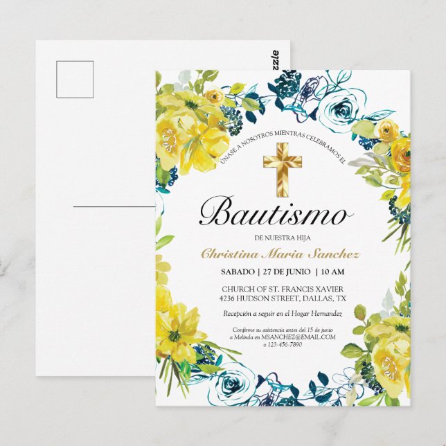Invitación floral amarilla hermosa del bautismo de postcard (Front/Back)