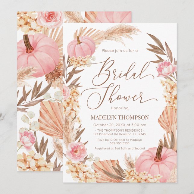 Invitación Floral Pink Pampas Grass Pumpkin Bridal Invitation (Front/Back)