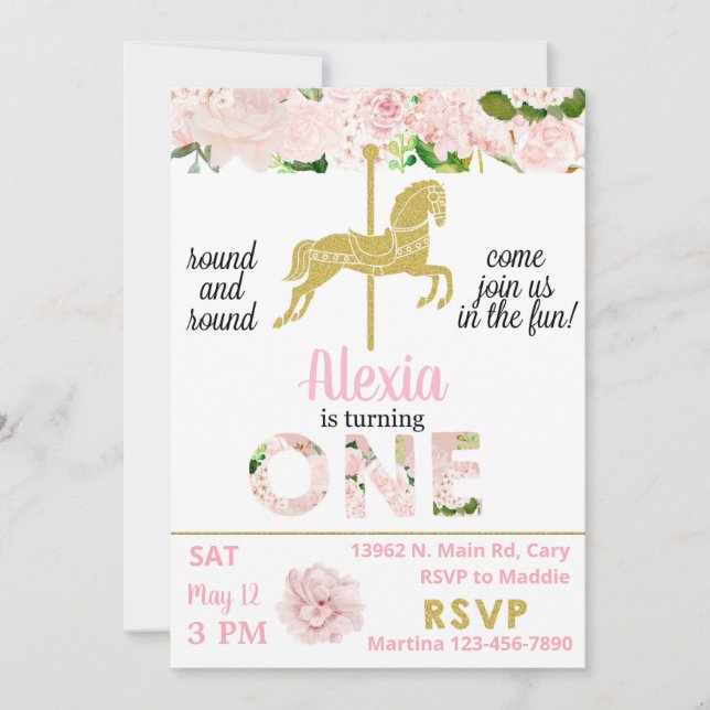 Invitación Gold carousel horse birthday invitation (Front)