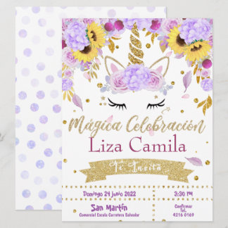 Invitación Lindo unicornio con flor lila y rosa Invitation