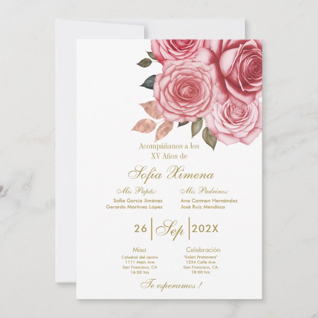 Invitación para xv años con flor rosa  invitation (Front)