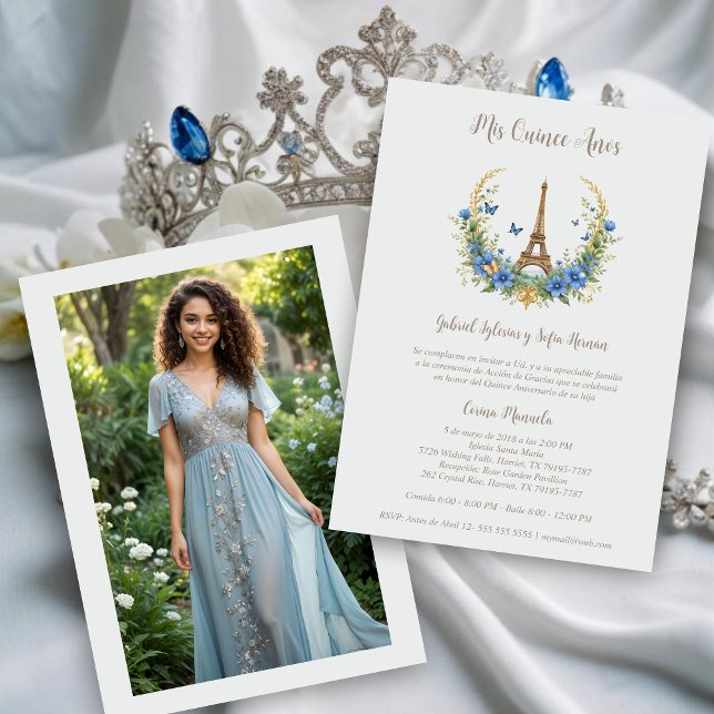 Invitación Spanish Quinceañera Romantic Eiffel Tow Invitation (Spanish XV's Stylish Blue Garland Romantic Eiffel Tower Parisian Inspiration Quinceañera Invitations)