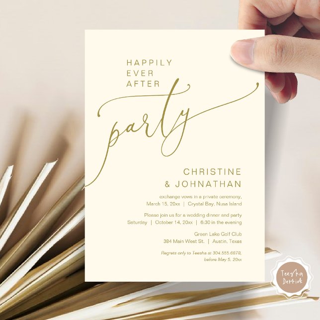 Invitation (Happily Ever After Party, Modern Romantic Wedding Elopement Dinner Invitation Card, in Classy Gold)