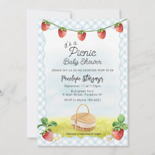 Invitation 001 Baby Shower Pique-Nique Bébé aux Fraises Bleu