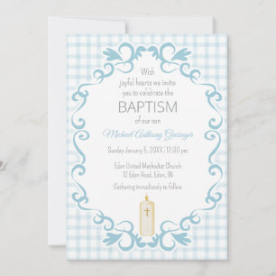 Invitation 001 Ciel Bleu Gingham Croix Bougie Baptême