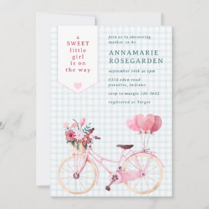 Invitation 001 Fête Bébé Fille Vélo Floral Doux Bleu Ciel