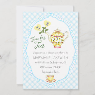 Invitation 002 Baby Shower Cerulean à l'eau Gingham Mignonne 