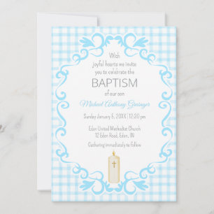 Invitation 002 Bougie Croix Gingham Papier Cerulean Baptême