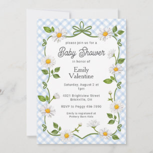 Invitation 003 Cobalt Blue Floral Daisy à carreaux Baby Showe