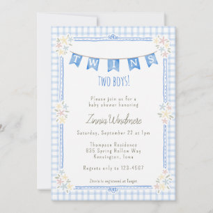 Invitation 003 Jumeaux Fleuris Gingham Bleu Cobalt Baby Showe