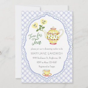 Invitation 004 Baby Shower Tea Party Bébé Fille Gingham Bleu 